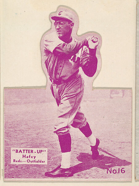 Card 16, Hafey, Reds, Outfielder (Purple, Folded), from the Batter Up series (R318) issued by the National Chicle Gum Company, Issued by the National Chicle Gum Company, Cambridge, Massachusetts, Photolithograph