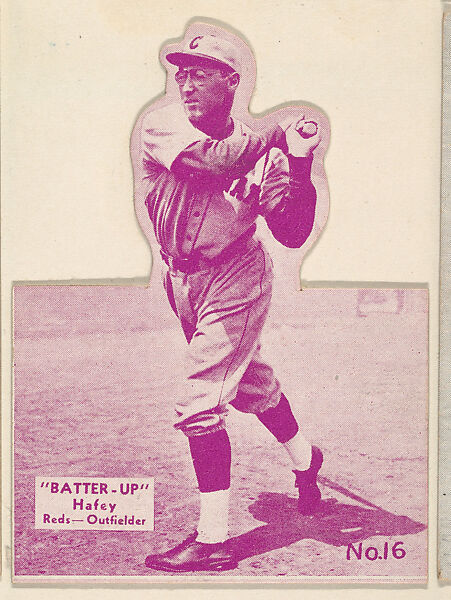 Card 16, Hafey, Reds, Outfielder (Purple, Folded), from the Batter Up series (R318) issued by the National Chicle Gum Company, Issued by the National Chicle Gum Company, Cambridge, Massachusetts, Photolithograph 