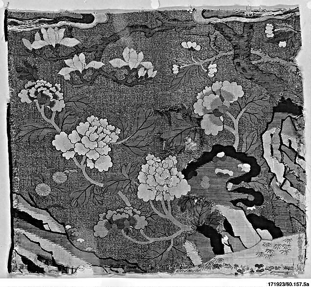 Panel with Peonies and Rocks, Silk, metallic thread, China 