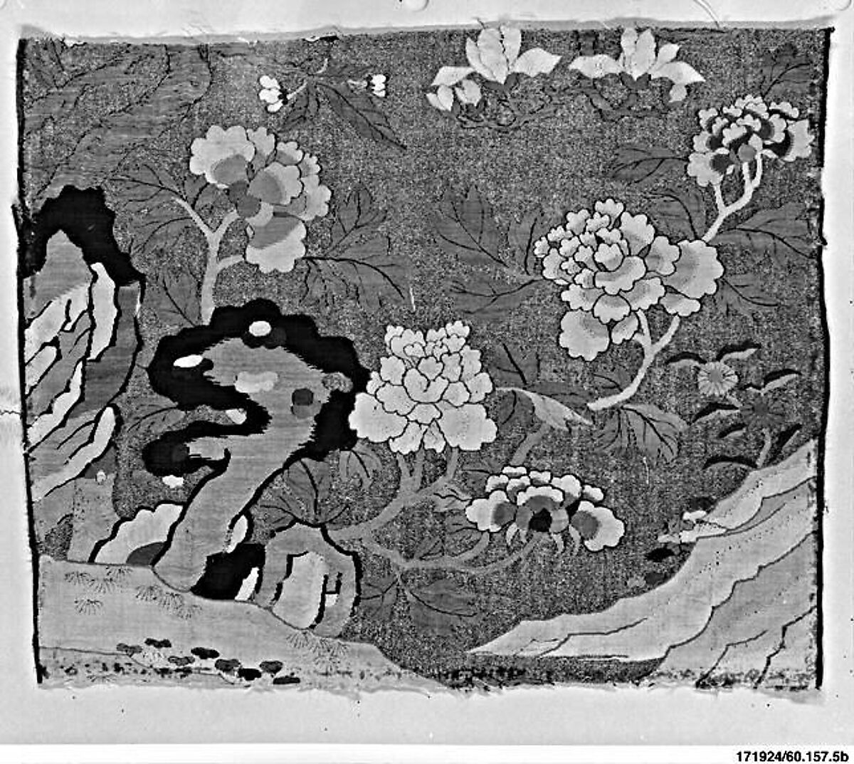 Panel with Peonies and Rocks, Silk, metallic thread, China