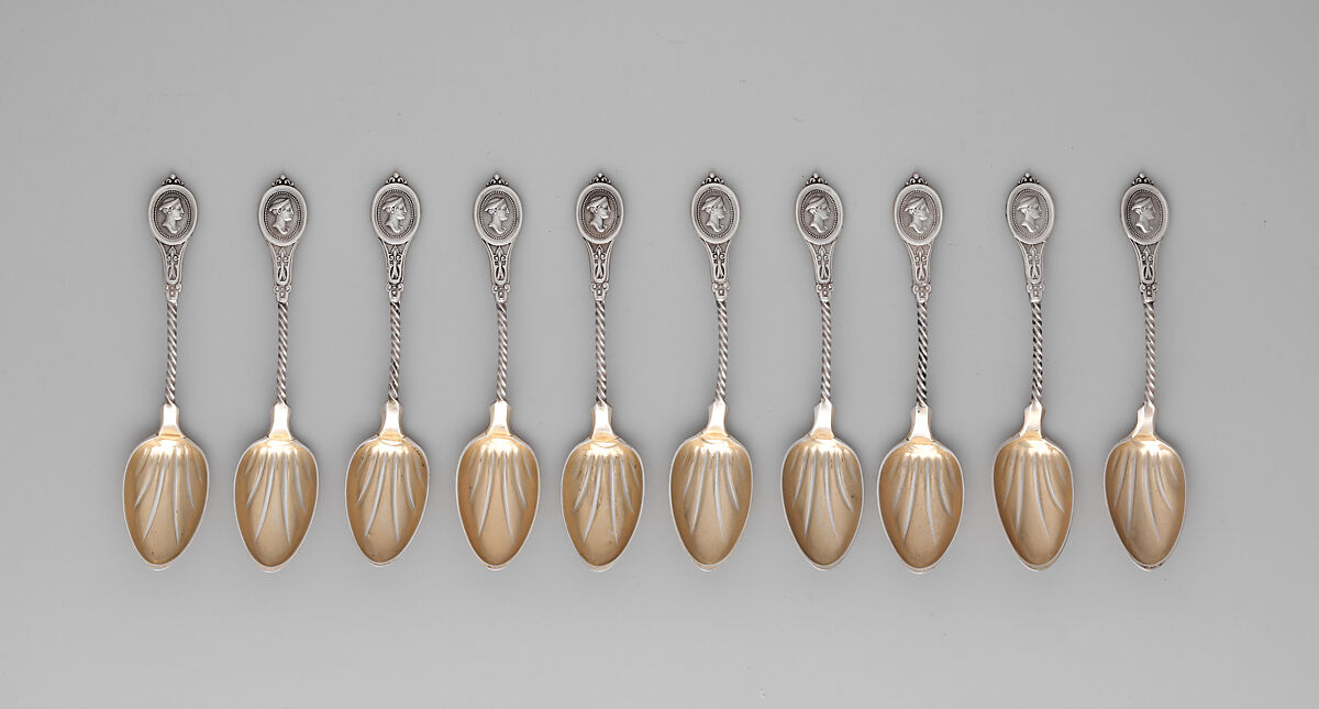 Ice Cream Slicer and 10 Ice Cream Spoons, Possibly Kidney, Cann &amp; Johnson (American, 1863–67), Silver and silver-gilt, American
