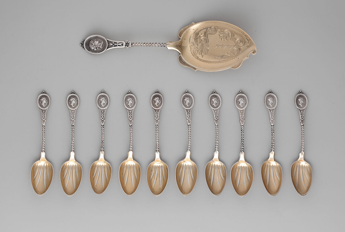Ice Cream Slicer and 10 Ice Cream Spoons, Possibly Kidney, Cann &amp; Johnson (American, 1863–67), Silver and silver-gilt, American 