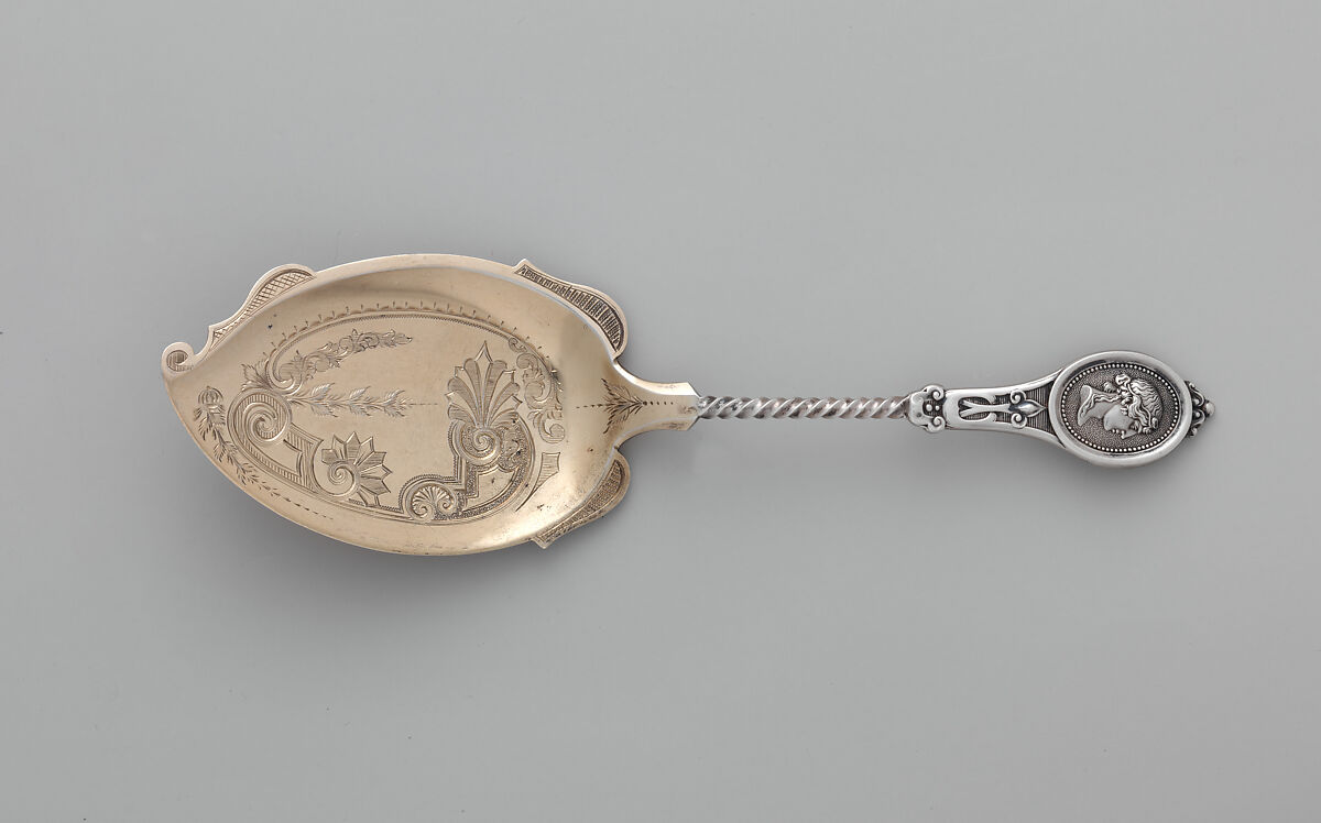 Ice Cream Slicer and 10 Ice Cream Spoons, Possibly Kidney, Cann &amp; Johnson (American, 1863–67), Silver and silver-gilt, American