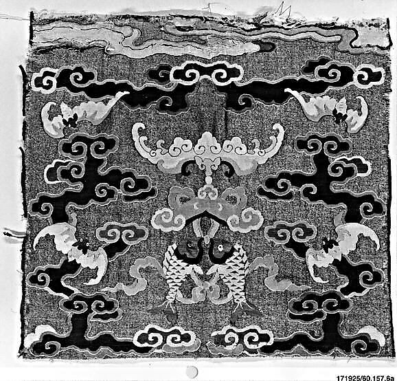 Panel with Fish, Bats, and Clouds, Silk and metallic-thread tapestry (kesi), China 