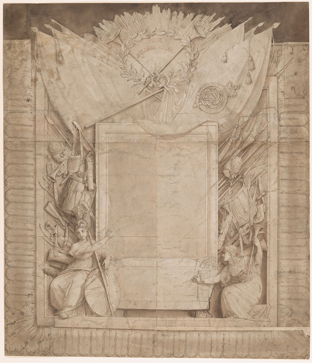 Design for a memorial to Sir William Myers, Thomas Stothard (British, London 1755–1834 London), Pen and brown ink, brush and brown wash on joined sheets of paper 