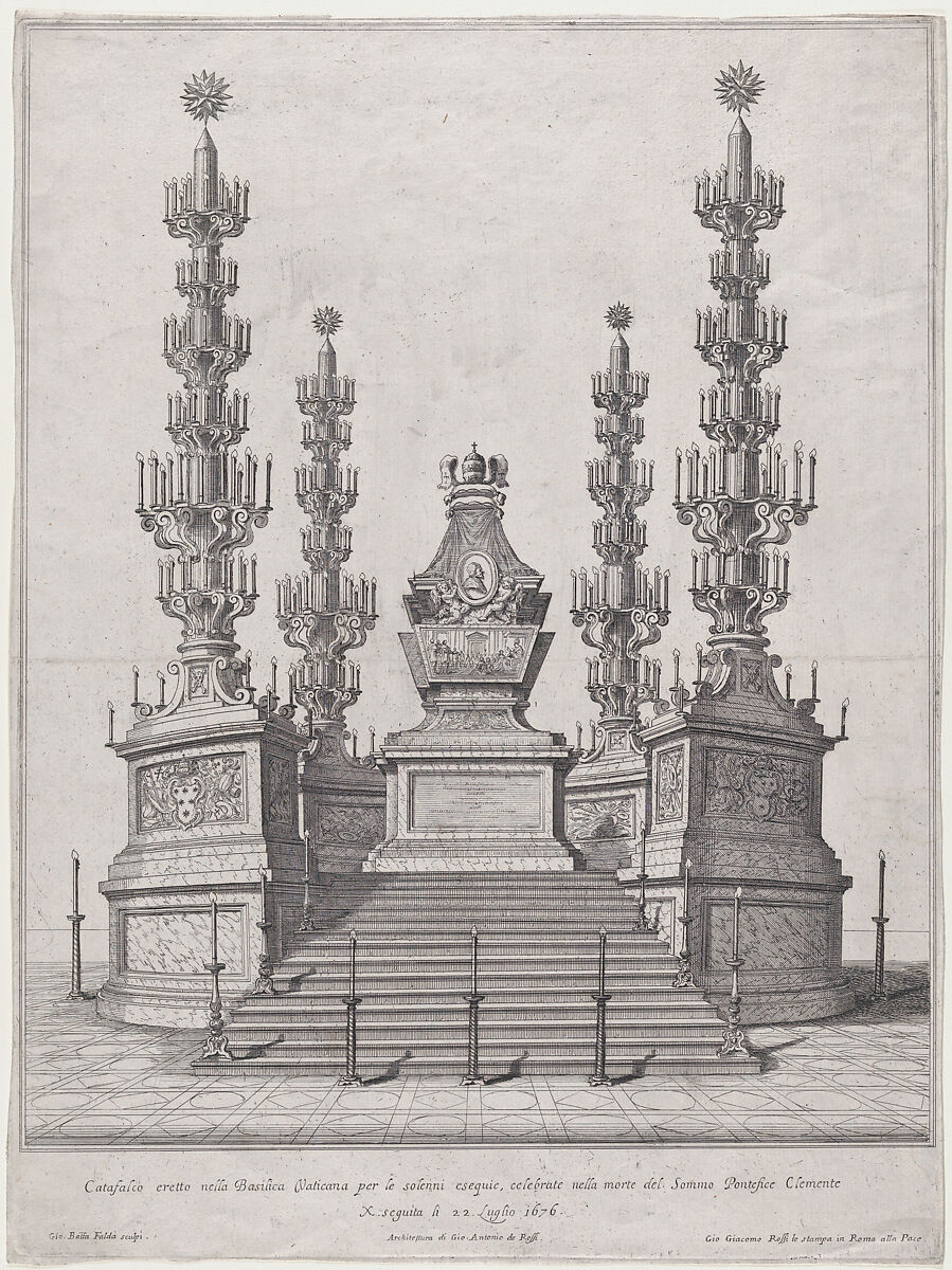 Catafalque for Pope Clement X; central structure at the top of a fifteen step platform, with columns surmounted by candelabra at each of the four corners, Giovanni Battista Falda (Italian, Valduggia 1643–1678 Rome), Etching 