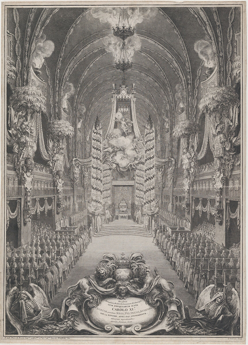 Catafalque of Charles XI, King of Sweden, Riddarholm Church, Stockholm, Sébastien Leclerc I (French, Metz 1637–1714 Paris), Etching 