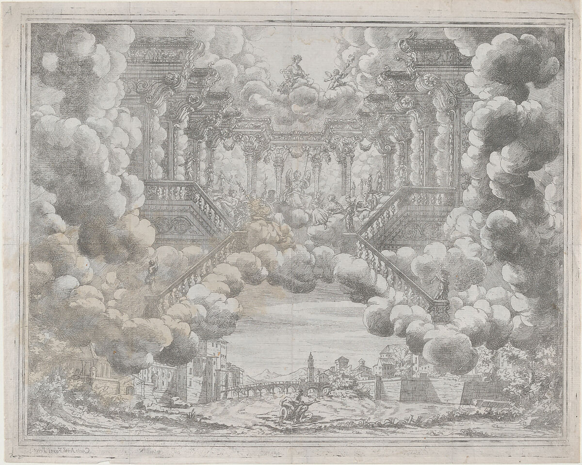 Stage design with allegorical figures on a staircase; from 'L'Eta Dell'Oro', Carlo Antonio Forti (Italian, Parma 1657–1732 Modena), Etching 