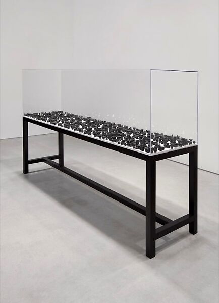 Throwing Shadows: Independent, Charles LeDray (American, born 1960), Eight hundred and fifty-eight hand-thrown, unglazed black porcelain vesselswith table and vitrine 