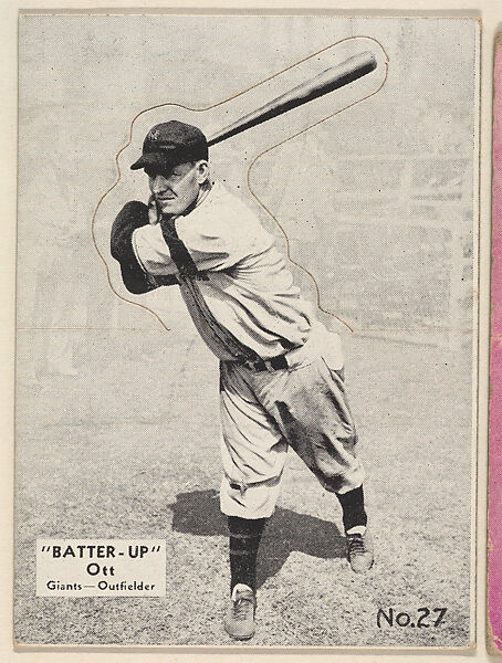 Card 27, Ott, Giants, Outfielder (Black), from the Batter Up series (R318) issued by the National Chicle Gum Company, Issued by the National Chicle Gum Company, Cambridge, Massachusetts, Photolithograph 