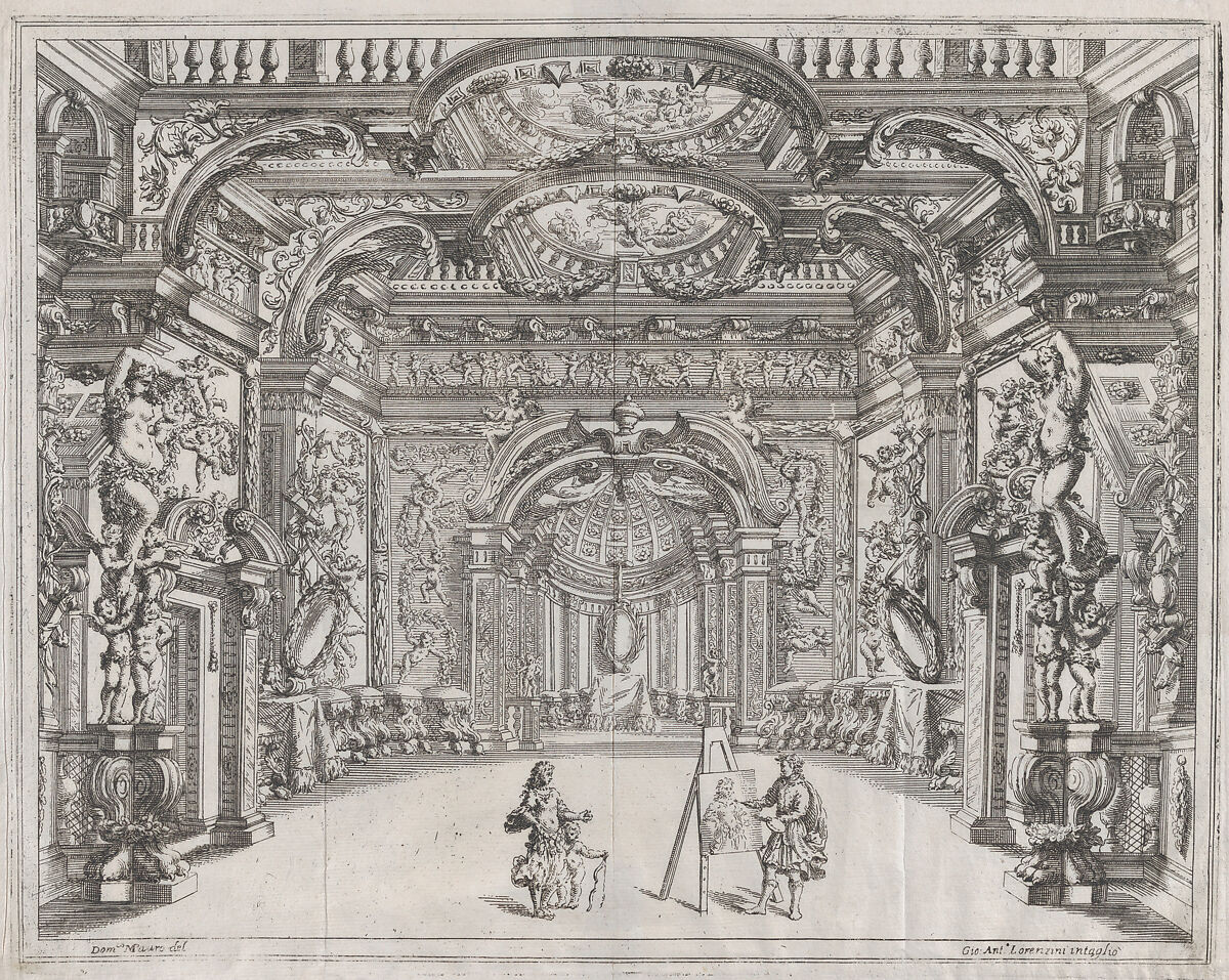 Stage set with an artist painting Venus and Cupid; from Aurelio Aureli, 'Il Favore De Gli Dei', Gianantonio Lorenzini (Italian, Bologna 1665–1740 Bologna), Etching 