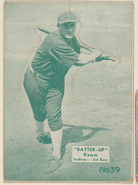 Card 39, Kamm, Indians, 3rd Base (Green), from the Batter Up series (R318) issued by the National Chicle Gum Company, Issued by the National Chicle Gum Company, Cambridge, Massachusetts, Photolithograph 