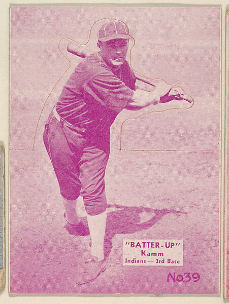 Card 39, Kamm, Indians, 3rd Base (Purple), from the Batter Up series (R318) issued by the National Chicle Gum Company, Issued by the National Chicle Gum Company, Cambridge, Massachusetts, Photolithograph 
