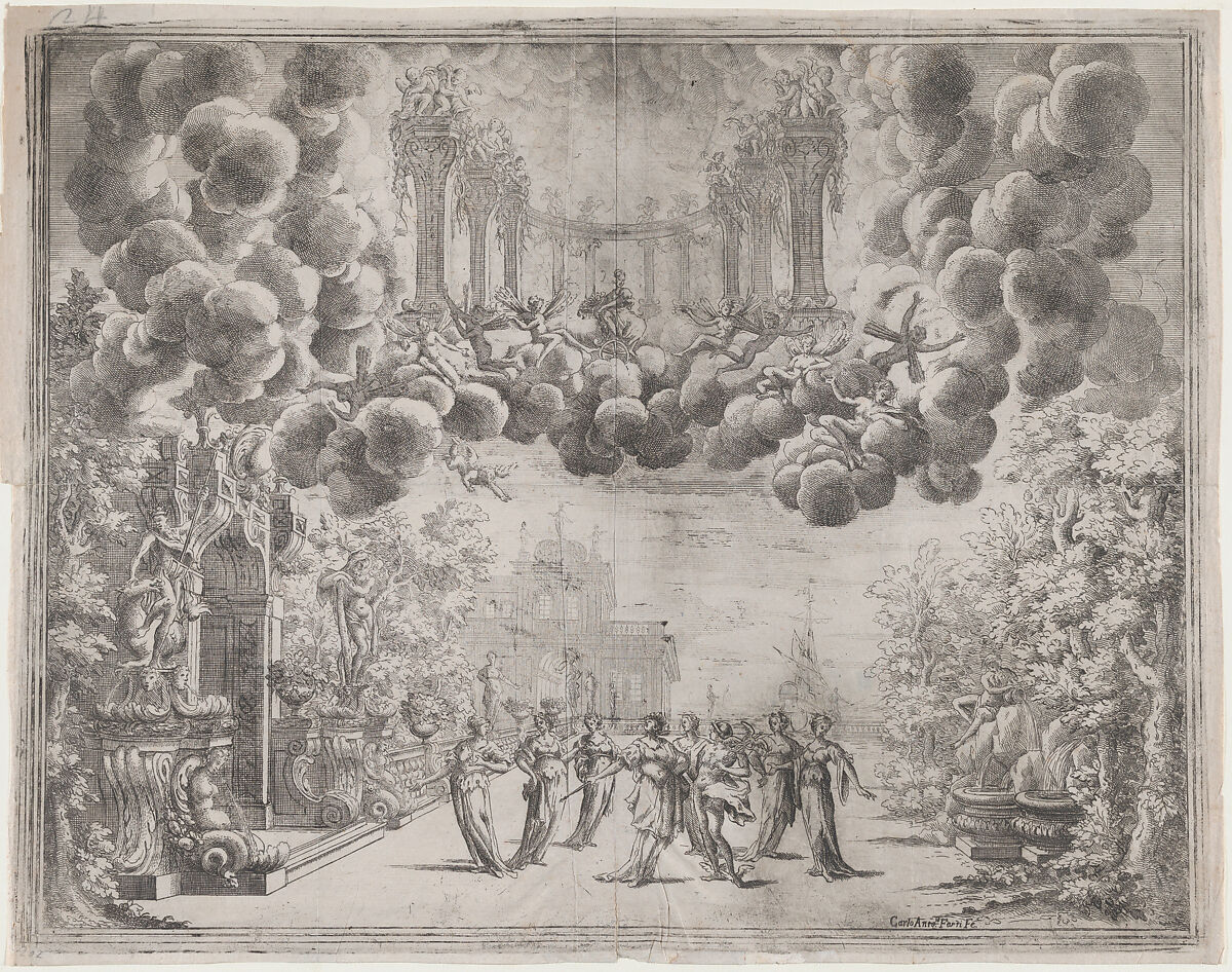 Stage design with allegorical figures; from 'L'Idea di tutti le perfezioni ... Piacenza', Carlo Antonio Forti (Italian, Parma 1657–1732 Modena), Etching 