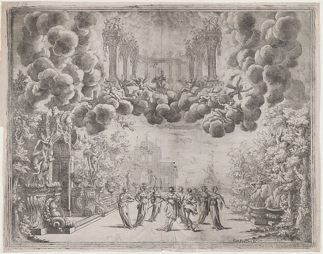 Stage design with allegorical figures; from 'L'Idea di tutti le perfezioni ... Piacenza'