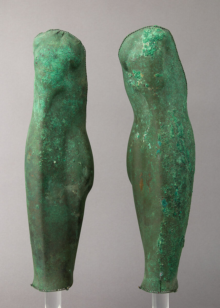 Helmet of the Corinthian Type and Pair of Greaves, Bronze, Greek