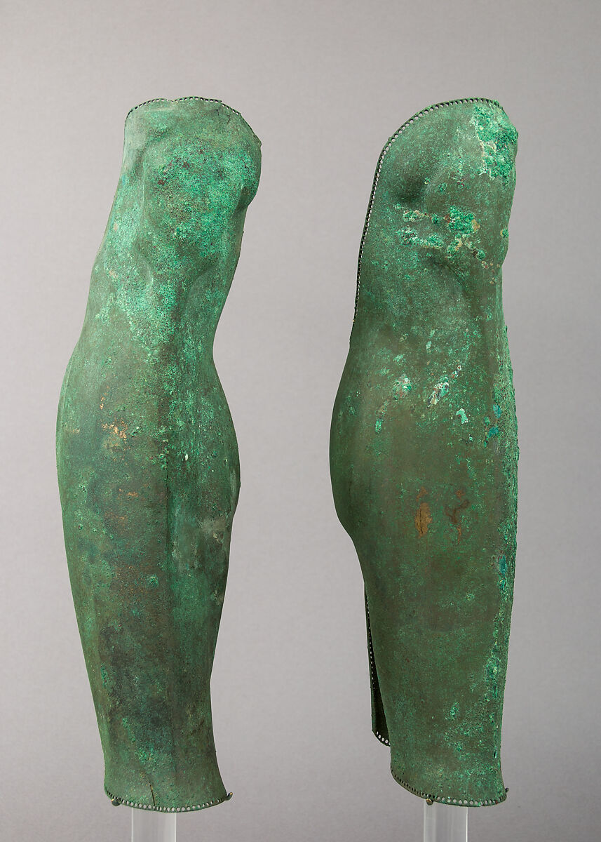 Helmet of the Corinthian Type and Pair of Greaves, Bronze, Greek