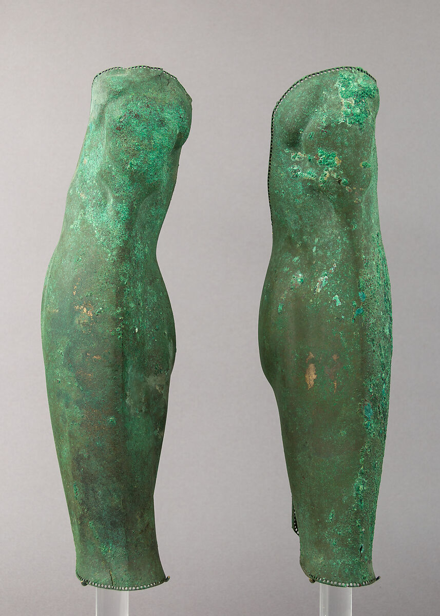 Helmet of the Corinthian Type and Pair of Greaves, Bronze, Greek