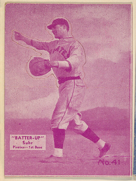 Card 41, Suhr, Pirates, 1st Base (Purple), from the Batter Up series (R318) issued by the National Chicle Gum Company, Issued by the National Chicle Gum Company, Cambridge, Massachusetts, Photolithograph 