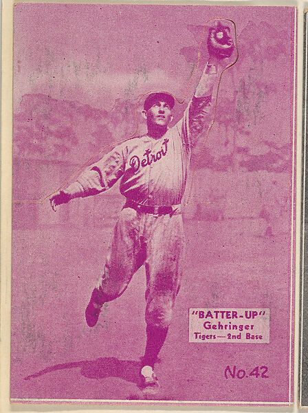 Card 42, Gehringer, Tigers, 2nd Base (Purple), from the Batter Up series (R318) issued by the National Chicle Gum Company, Issued by the National Chicle Gum Company, Cambridge, Massachusetts, Photolithograph 