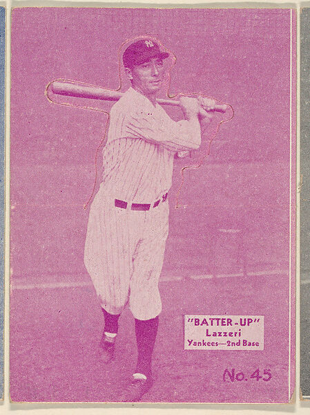 Card 45, Lazzeri, Yankees, 2nd Base (Purple), from the Batter Up series (R318) issued by the National Chicle Gum Company, Issued by the National Chicle Gum Company, Cambridge, Massachusetts, Photolithograph 