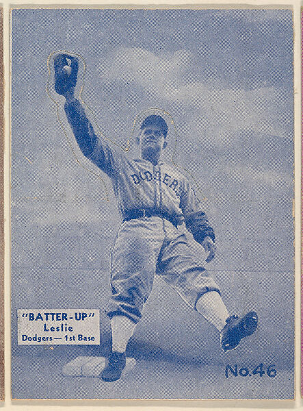 Card 46, Leslie, Dodgers, 1st Base (Blue), from the Batter Up series (R318) issued by the National Chicle Gum Company, Issued by the National Chicle Gum Company, Cambridge, Massachusetts, Photolithograph 