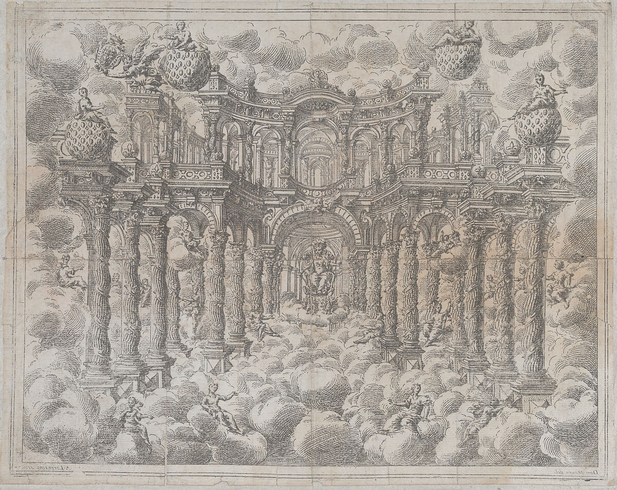 Plate 2 [counterproof]; stage set with allegorical figures seated among the clouds, with a large colonnade in the background; from Aurelio Aureli's "Il Favore De Gli Dei", Gianantonio Lorenzini (Italian, Bologna 1665–1740 Bologna), Etching 