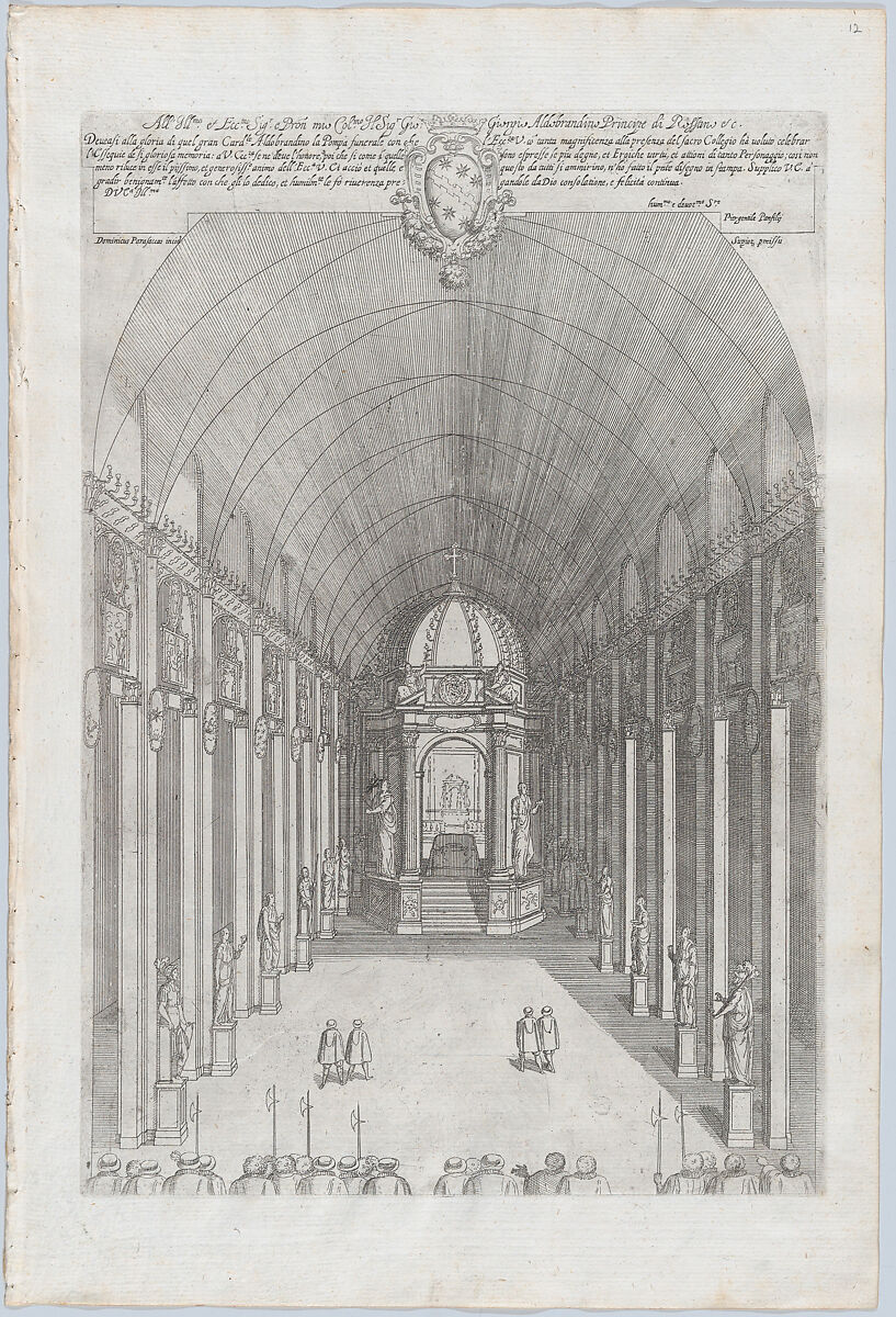 Catafalque for Cardinal Pietro Aldobrandini in Santa Maria sopra Minerva, Rome; from 'Libro De Catafalchi, Tabernacoli, con varij designi di Porte fenestre et altri ornamenti di Architettura', Domenico Parasacchi (Italian, active ca. 1618–30), Engraving 