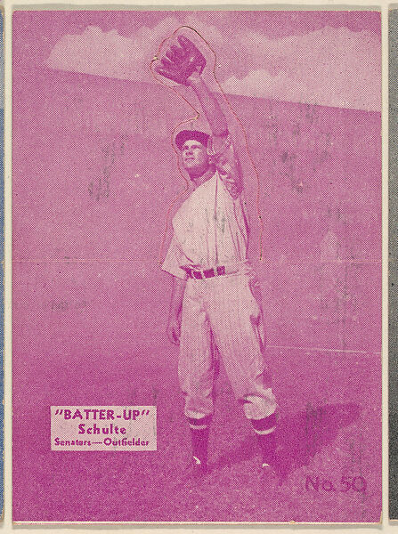 Card 50, Schulte, Senators, Outfielder (Purple), from the Batter Up series (R318) issued by the National Chicle Gum Company, Issued by the National Chicle Gum Company, Cambridge, Massachusetts, Photolithograph 