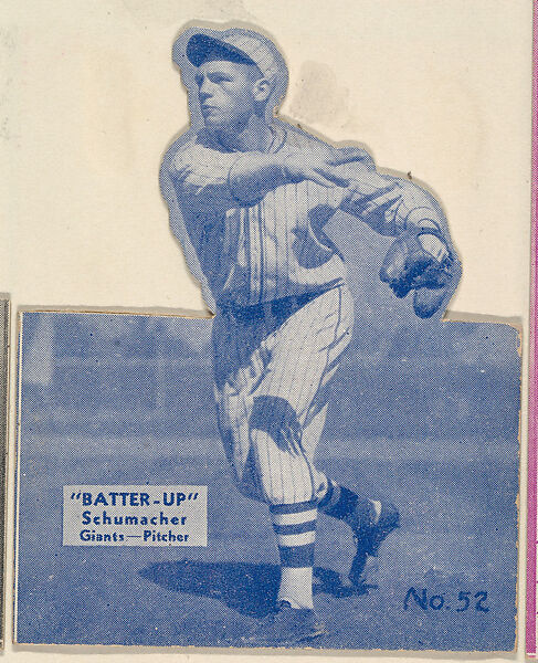 Card 52, Schumacher, Giants, Pitcher (Blue, Folded), from the Batter Up series (R318) issued by the National Chicle Gum Company, Issued by the National Chicle Gum Company, Cambridge, Massachusetts, Photolithograph 