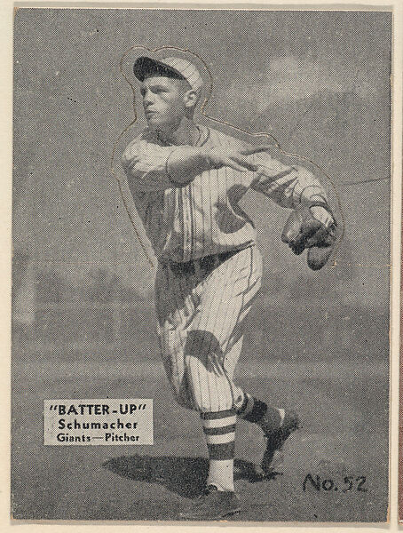 Card 52, Schumacher, Giants, Pitcher (Black), from the Batter Up series (R318) issued by the National Chicle Gum Company, Issued by the National Chicle Gum Company, Cambridge, Massachusetts, Photolithograph