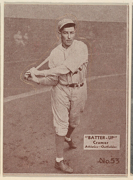 Card 53, Cramer, Athletics, Outfielder (Brown), from the Batter Up series (R318) issued by the National Chicle Gum Company, Issued by the National Chicle Gum Company, Cambridge, Massachusetts, Photolithograph 