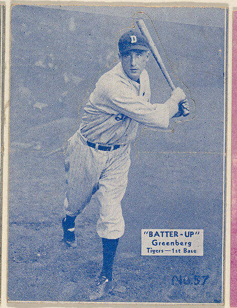 Card 57, Hank Greenberg, Tigers, 1st Base (Blue), from the Batter Up series (R318) issued by the National Chicle Gum Company, Issued by the National Chicle Gum Company, Cambridge, Massachusetts, Photolithograph 