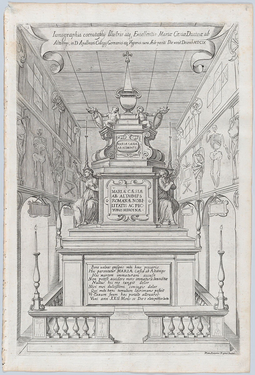 Catafalque for Duchess Maria Cesi of Altemps (Hohenems); from 'Libro De Catafalchi, Tabernacoli, con varij designi di Porte fenestre et altri ornamenti di Architettura', Catalafque designed by Marcus Antonius Magnus (Italian, active ca. 1609), Engraving 