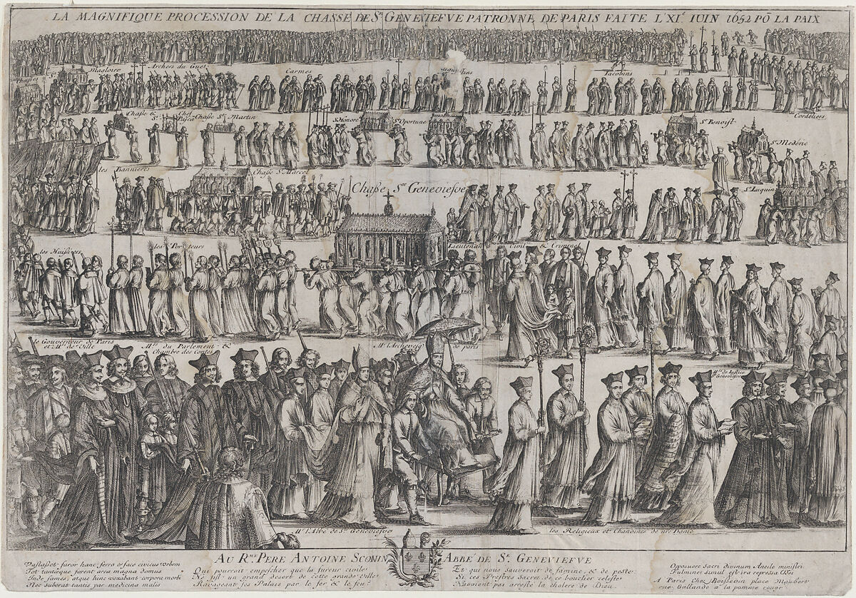 The procession of the casket of St. Genevieve, with clerics and laymen marching in six rows; in the foreground the Archbishop of Paris is carried in a chair, the Chasse in the row above him, and the monks of the monasteries of Paris lead the procession at top, Nicolas Cochin (French, Troyes 1610–1686 Paris), Etching 