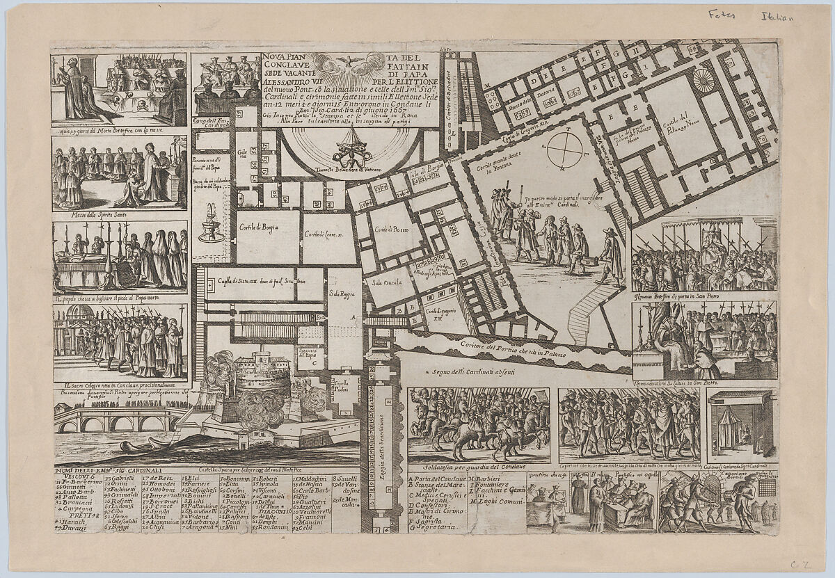 Papal conclave following the death of Pope Alessandro VII, with an iconographic map of Vatican City and scenes of the funeral, procession, and election of the new pope, Giovanni Giacomo De Rossi (Italian, Rome 1627–1691 Rome), Etching 