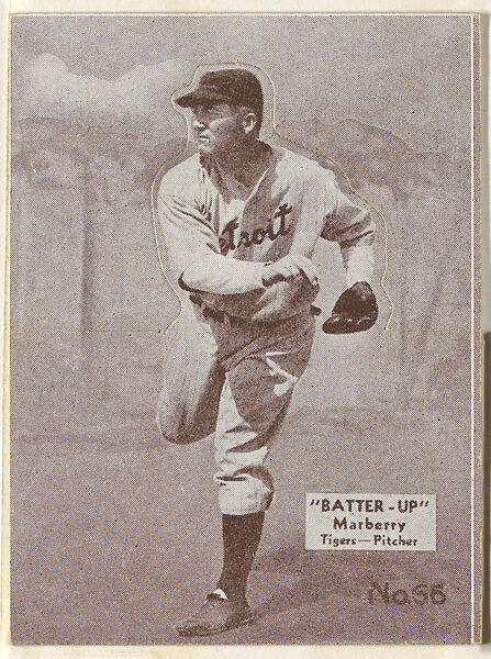 Card 66, Marberry, Tigers, Pitcher (Brown), from the Batter Up series (R318) issued by the National Chicle Gum Company, Issued by the National Chicle Gum Company, Cambridge, Massachusetts, Photolithograph 