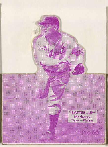 Card 66, Marberry, Tigers, Pitcher (Purple, Folded), from the Batter Up series (R318) issued by the National Chicle Gum Company, Issued by the National Chicle Gum Company, Cambridge, Massachusetts, Photolithograph 