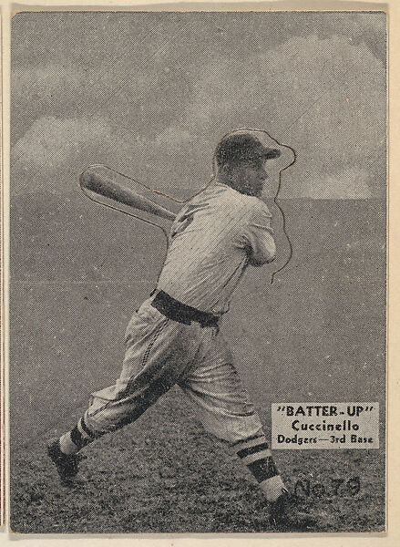 Card 79, Cuccinello, Dodgers, 3rd Base, (Black), from the Batter Up series (R318) issued by the National Chicle Gum Company, Issued by the National Chicle Gum Company, Cambridge, Massachusetts, Photolithograph 