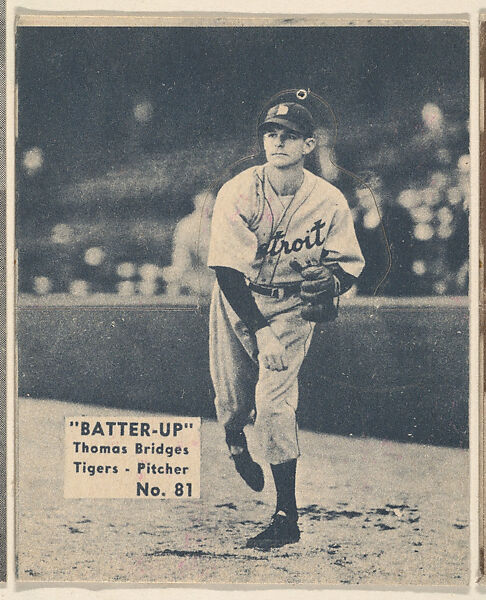 Card 81, Thomas Bridges, Tigers, Pitcher (Blue), from the Batter Up series (R318) issued by the National Chicle Gum Company, Issued by the National Chicle Gum Company, Cambridge, Massachusetts, Photolithograph 
