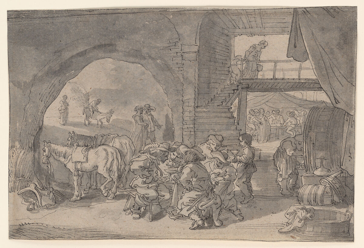 Scene at a Village Inn, Michael Herr (German, Metzingen bei Reutlingen 1591–1661 Nuremberg), Pen and black ink, brush and gray wash; framing line in pen and gray ink 