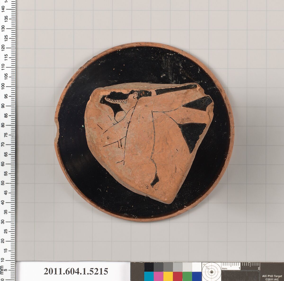 Terracotta fragment of a kylix (drinking cup), Terracotta, Greek, Attic 