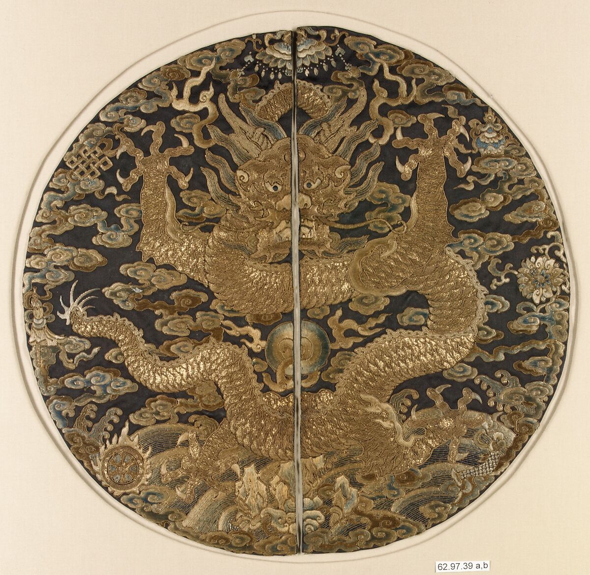 Dragon Roundel from a Ceremonial Garment, Silk and metallic thread embroidery on silk satin, China 