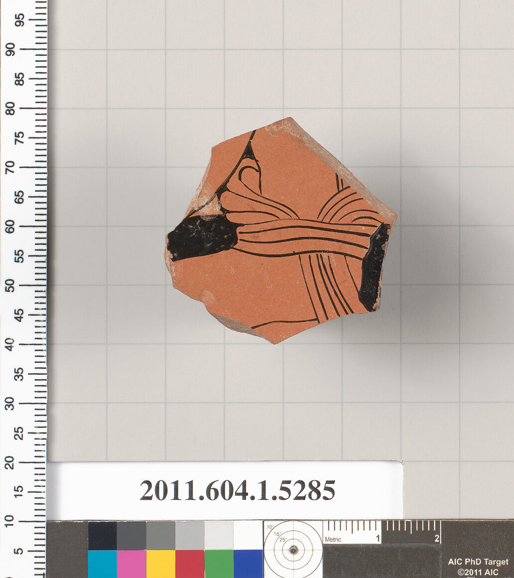 Terracotta fragment of a kylix (drinking cup), Terracotta, Greek, Attic 