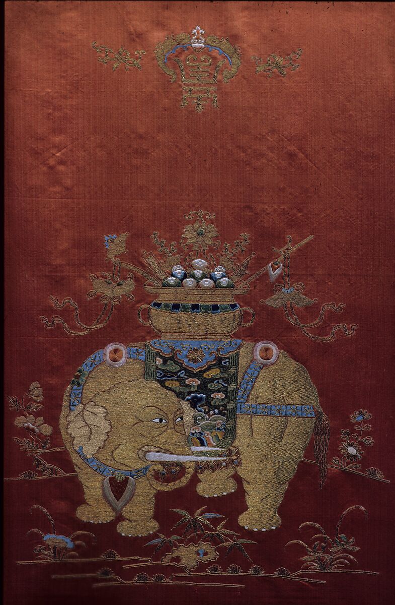 Chair Strip with Elephant, Silk, metallic thread, peacock feather filaments;  on silk;  lined with linen(?), China