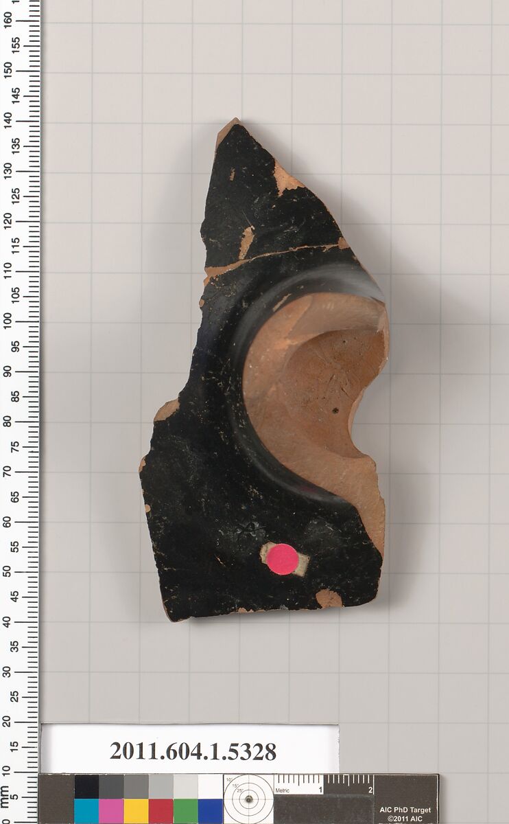 Terracotta fragment of a kylix (drinking cup), Terracotta, Greek, Attic