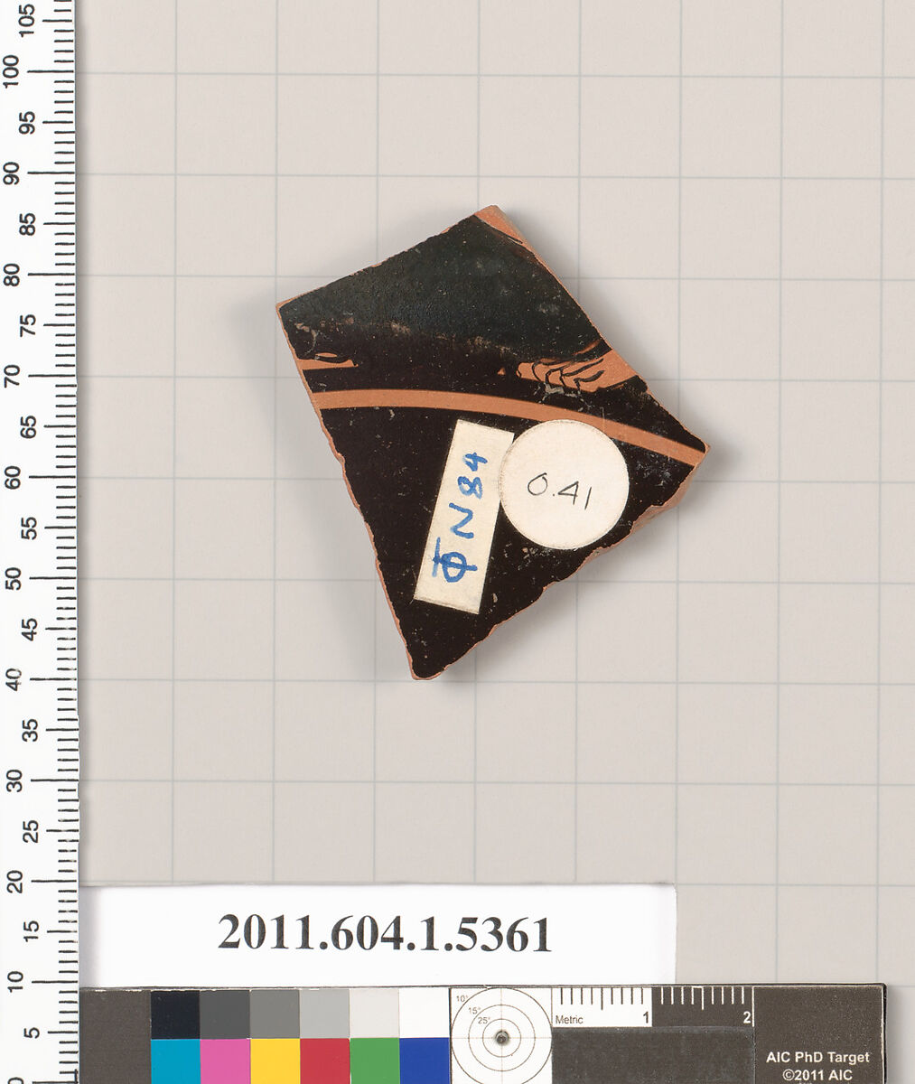 Terracotta fragment of a kylix (drinking cup), Terracotta, Greek, Attic