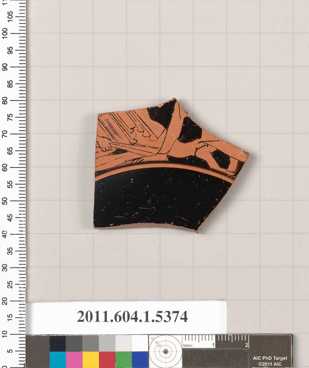 Terracotta fragment of a kylix (drinking cup), Terracotta, Greek, Attic
