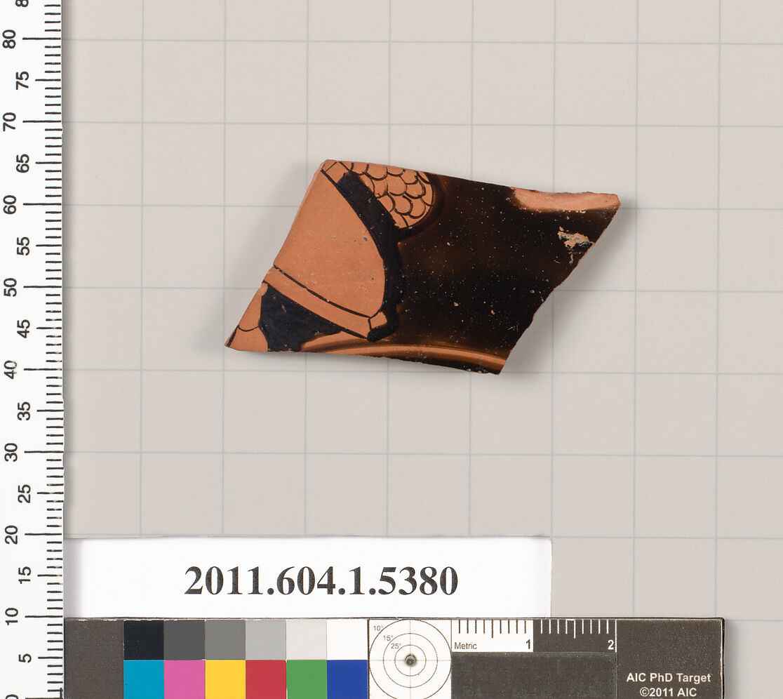 Terracotta fragment of a kylix (drinking cup), Terracotta, Greek, Attic