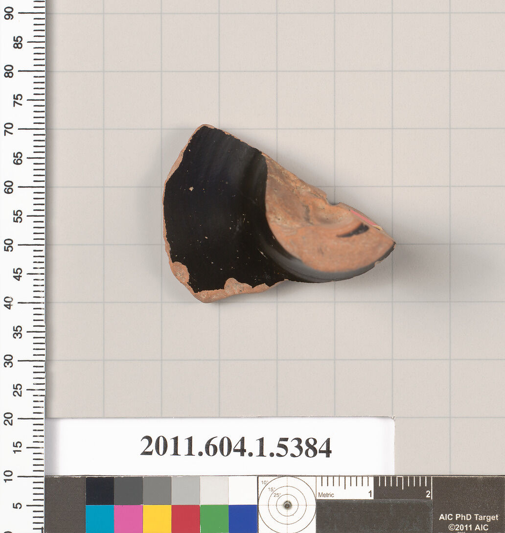 Terracotta fragment of a kylix (drinking cup), Terracotta, Greek, Attic